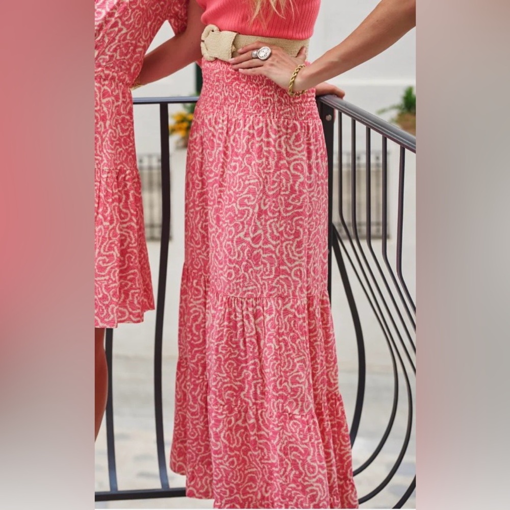 Esqualo Orange Ditsy Floral Smocked Tiered Button Maxi Skirt Flirty Boho Cottage